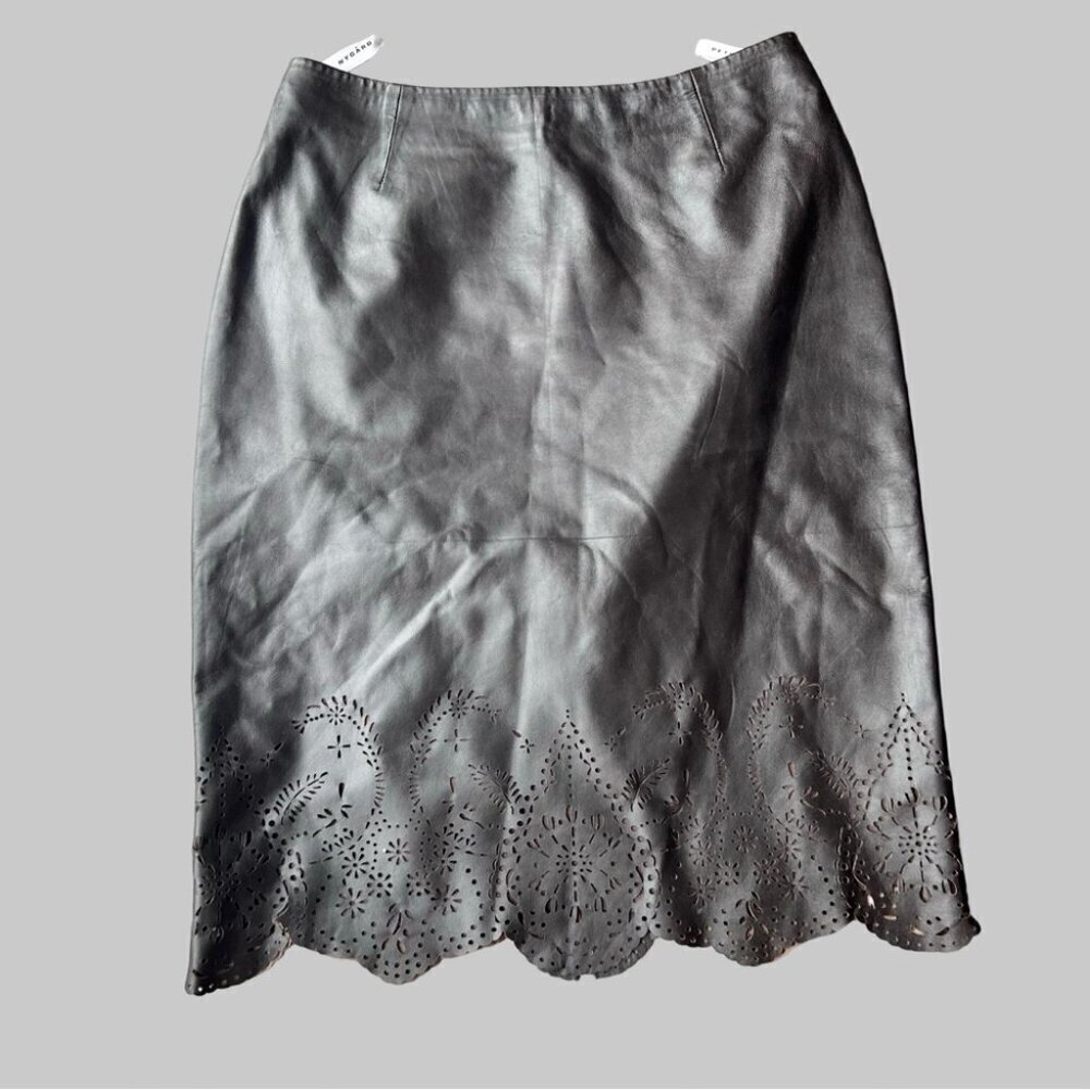Peter Nygard Brown Buttery Leather Laser Cutout Hem Midi Skirt